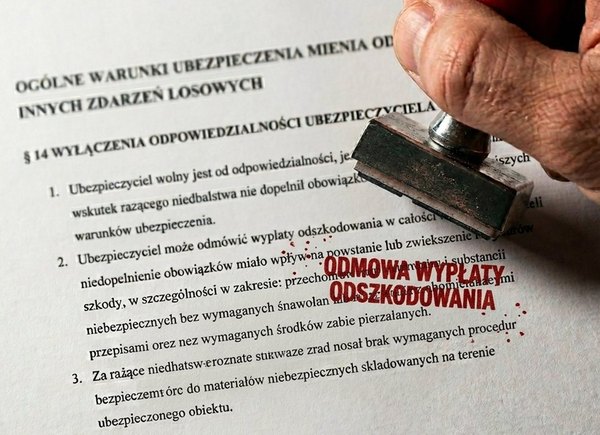 Ogólne warunki ubezpieczenia — §14 wyłączenia odpowiedzialności, pieczęć odmowy wypłaty odszkodowania